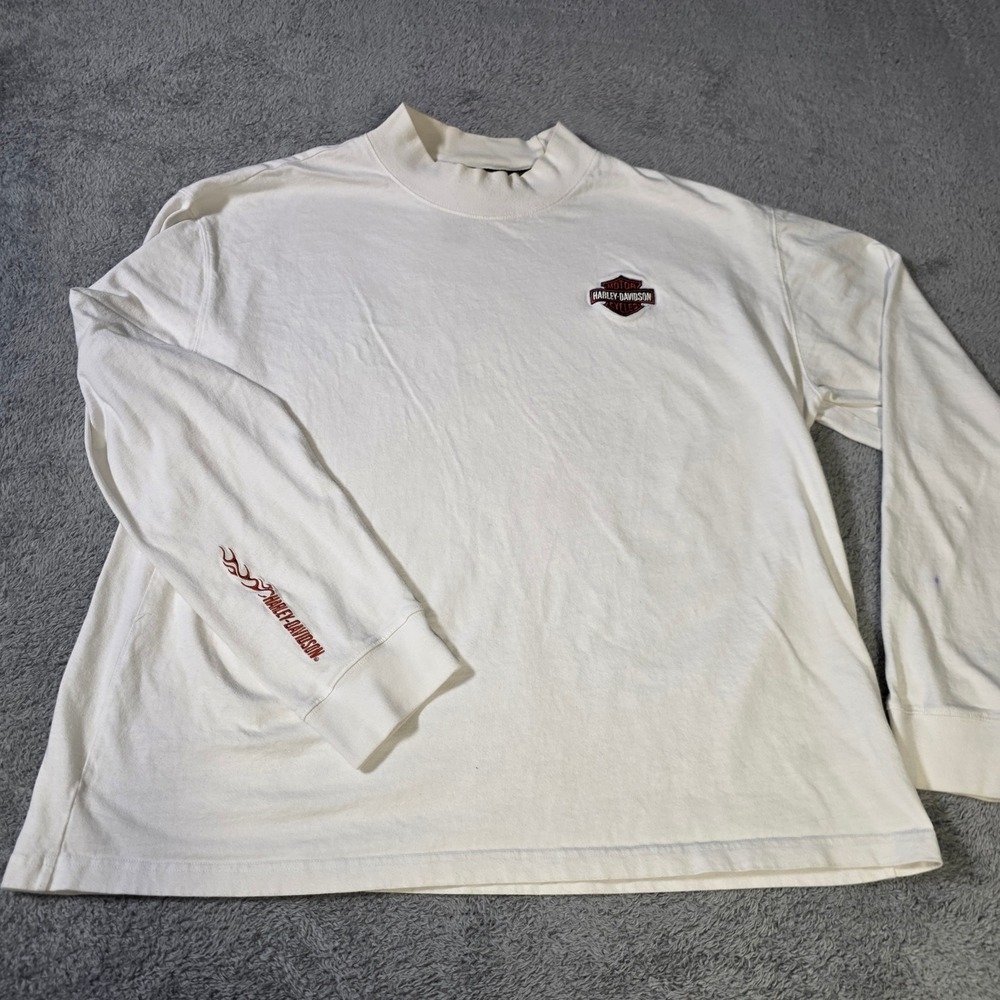 Harley Davidson Mens XXL Long Sleeve T-Shirt White Mock Neck Flame Logo Embroid
